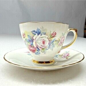 Delphine Bone China England Teacup Saucer Pink Blue Roses Gold Trim Vintage